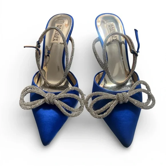 Badgley Mischka Jasmine Royal Blue Satin Point Toe Slingback Heels with Crystal - Picture 2 of 9